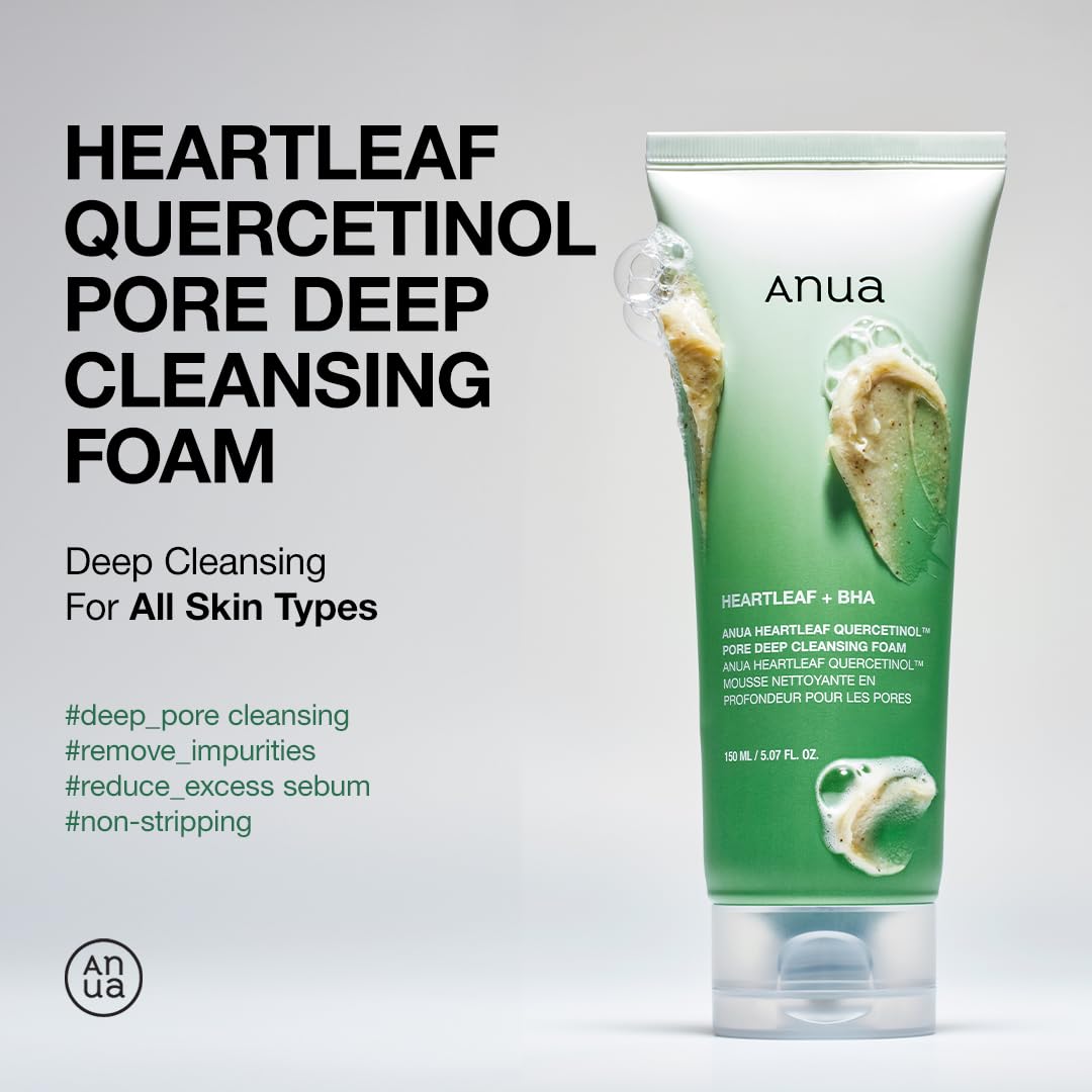 ANUA Heartleaf Quercetinol Pore Deep Cleansing Foam, Facial Cleanser, for Double Cleansing, BHA, Hyaluronic Acid, Glycerin, Face Wash, Blackhead Remover, Korean Skincare (150ml/5.07 fl.oz.)