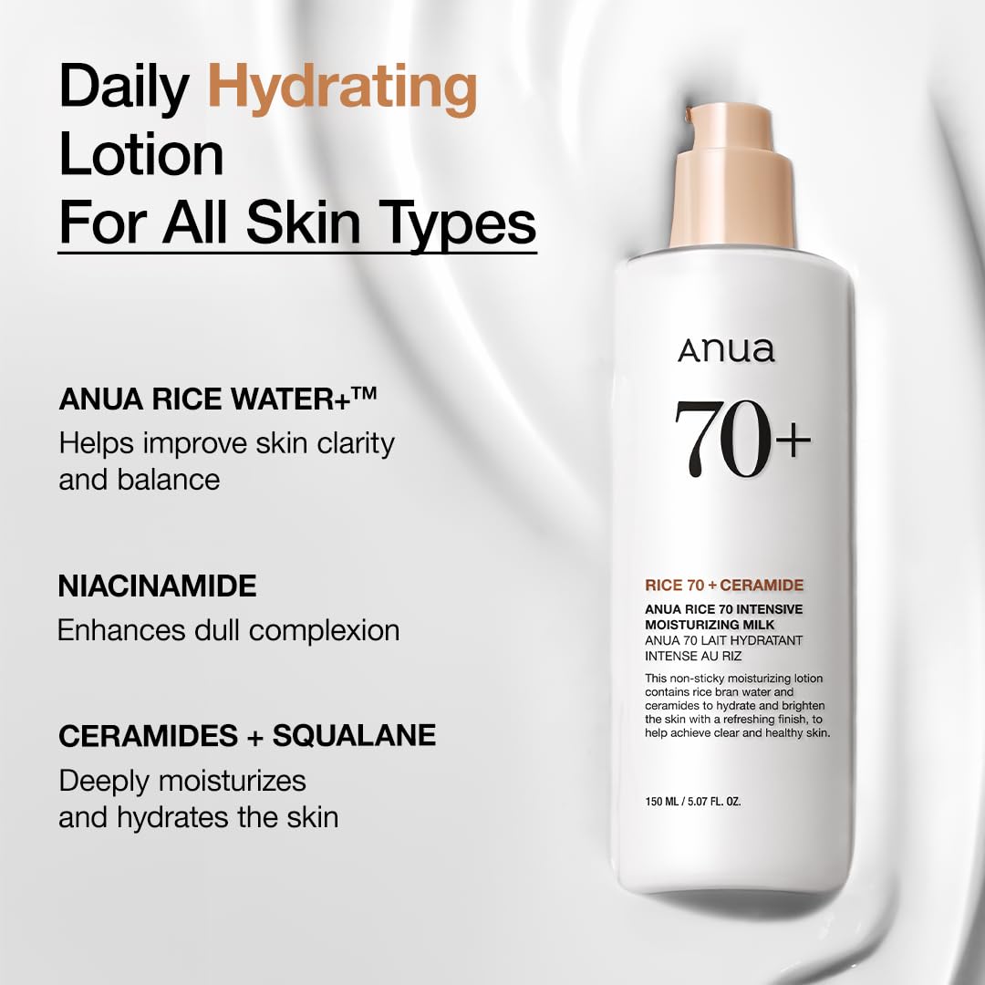 ANUA Rice 70 Intensive Moisturizing Milk, Lotion for Deep Hydration and Nourishing, Glowy Glass Skin, Rice Water, Niacinamide, Ceramides, Lightweight, Korean Skincare, 150ml/ 5.07 fl.oz.