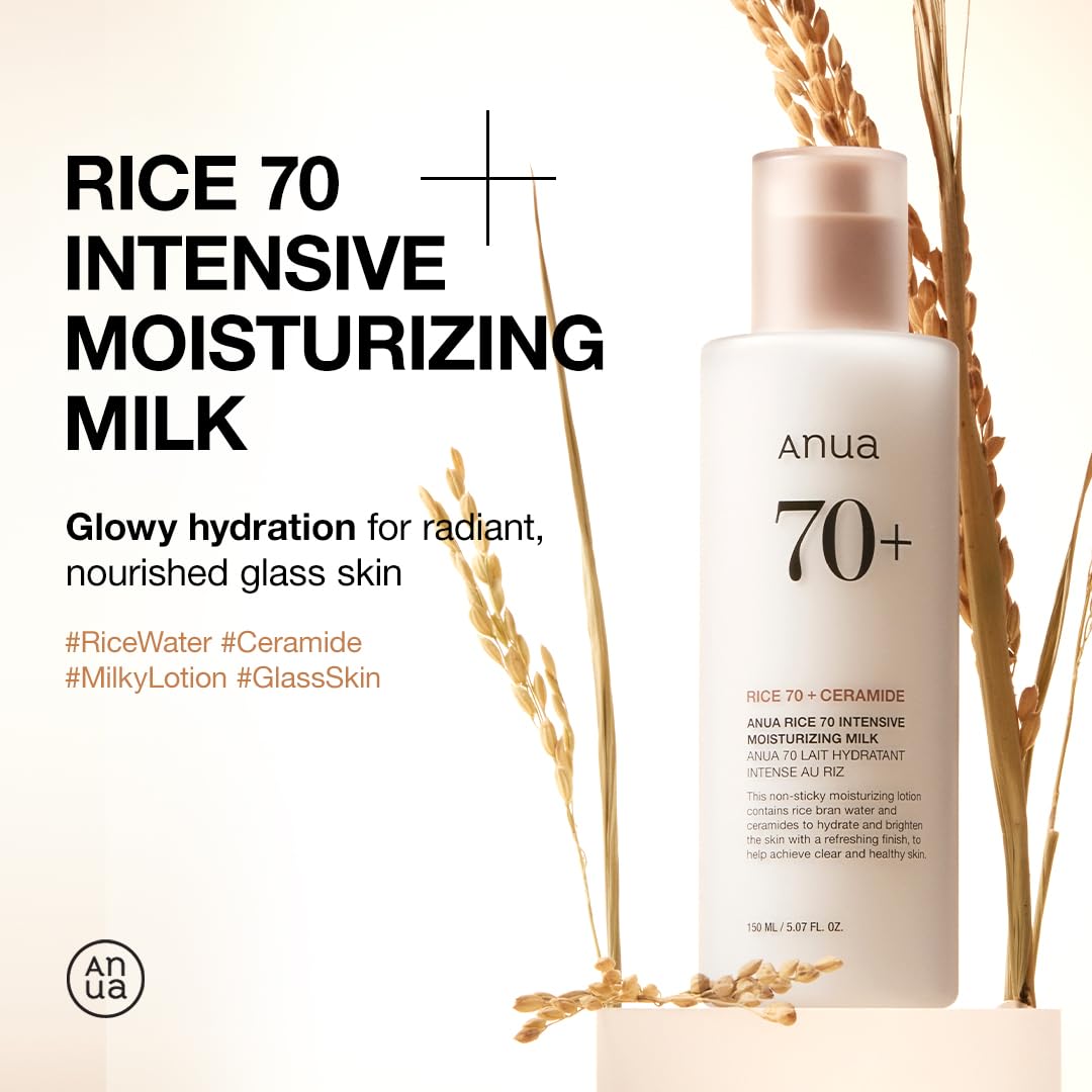 ANUA Rice 70 Intensive Moisturizing Milk, Lotion for Deep Hydration and Nourishing, Glowy Glass Skin, Rice Water, Niacinamide, Ceramides, Lightweight, Korean Skincare, 150ml/ 5.07 fl.oz.